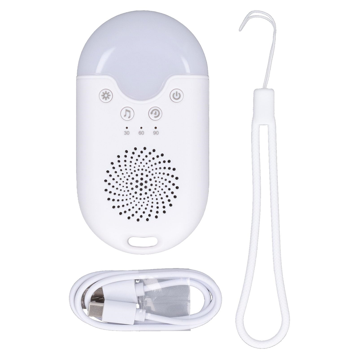 Weiße Soundmaschine mit Knöpfen, Lautsprecher und USB-Kabel neben einer Aufhängeschlaufe.