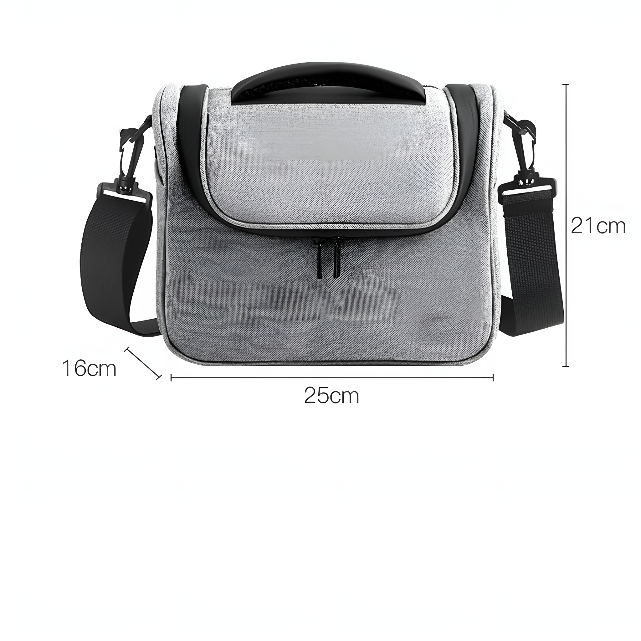 Graue isolierte Lunchtasche mit schwarzen Akzenten. Abmessungen sind angegeben. Weißer Hintergrund.