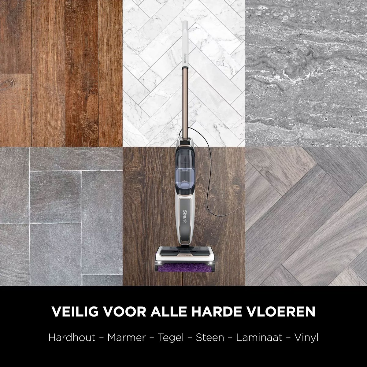 Odkurzacz do podłóg na różnych typach: drewno, marmur, płytki, kamień, laminat i winyl. Tekst mówi, że bezpieczny dla wszystkich podłóg.