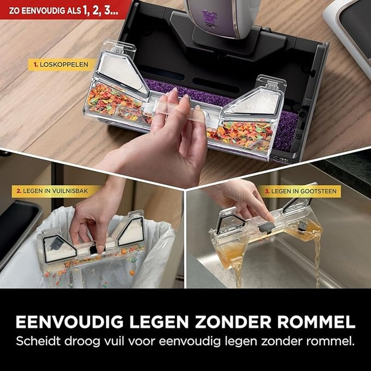 Kroki opróżniania odkurzacza. Pokazuje wyjmowanie, opróżnianie i płukanie.