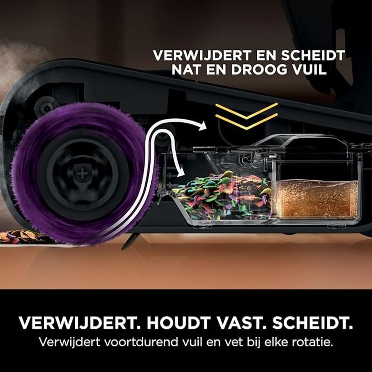 Schemat pokazujący wałek czyszczący usuwający brud i oddzielający go do pojemnika.