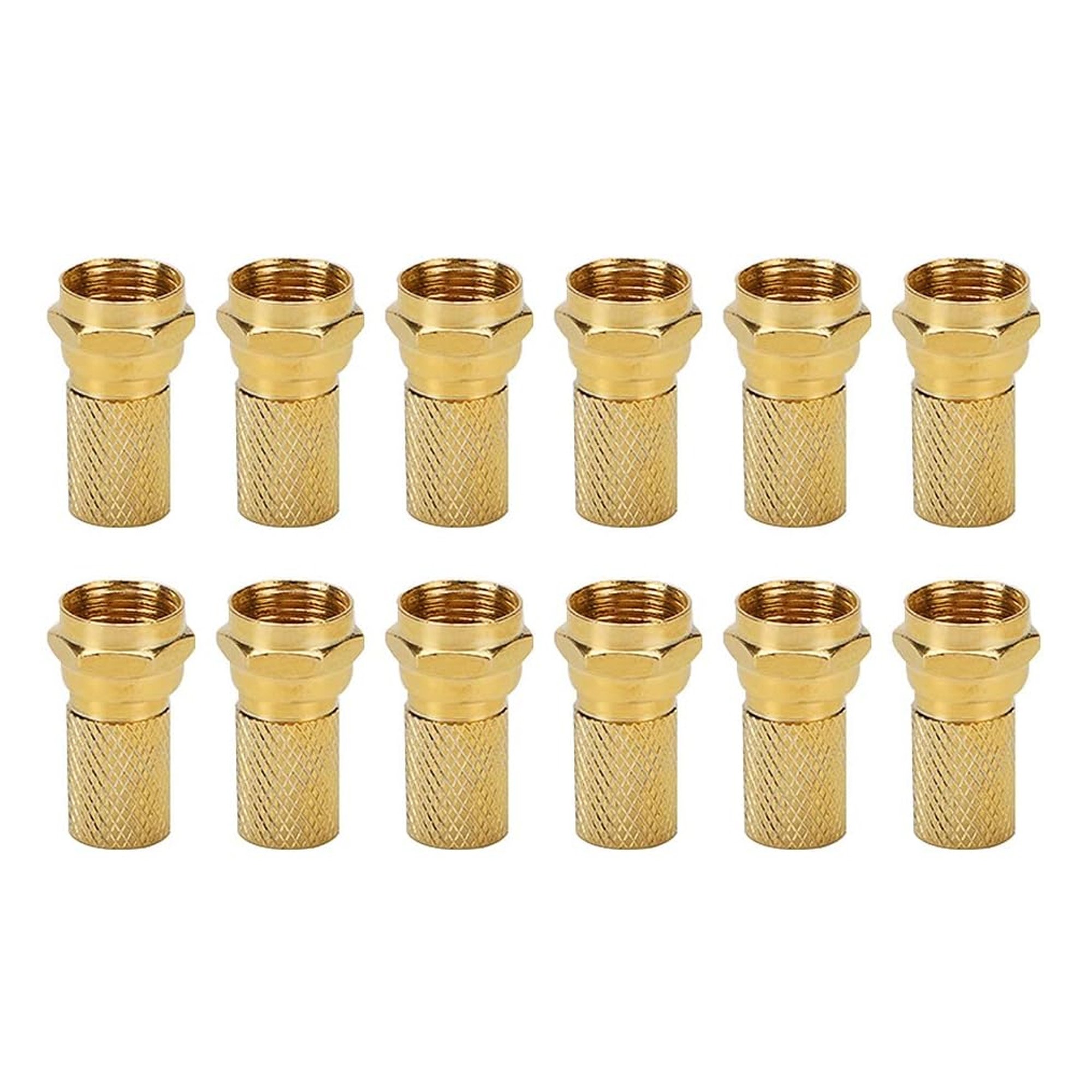Goldfarbene F-Stecker in einer Reihe für Koaxialkabel.