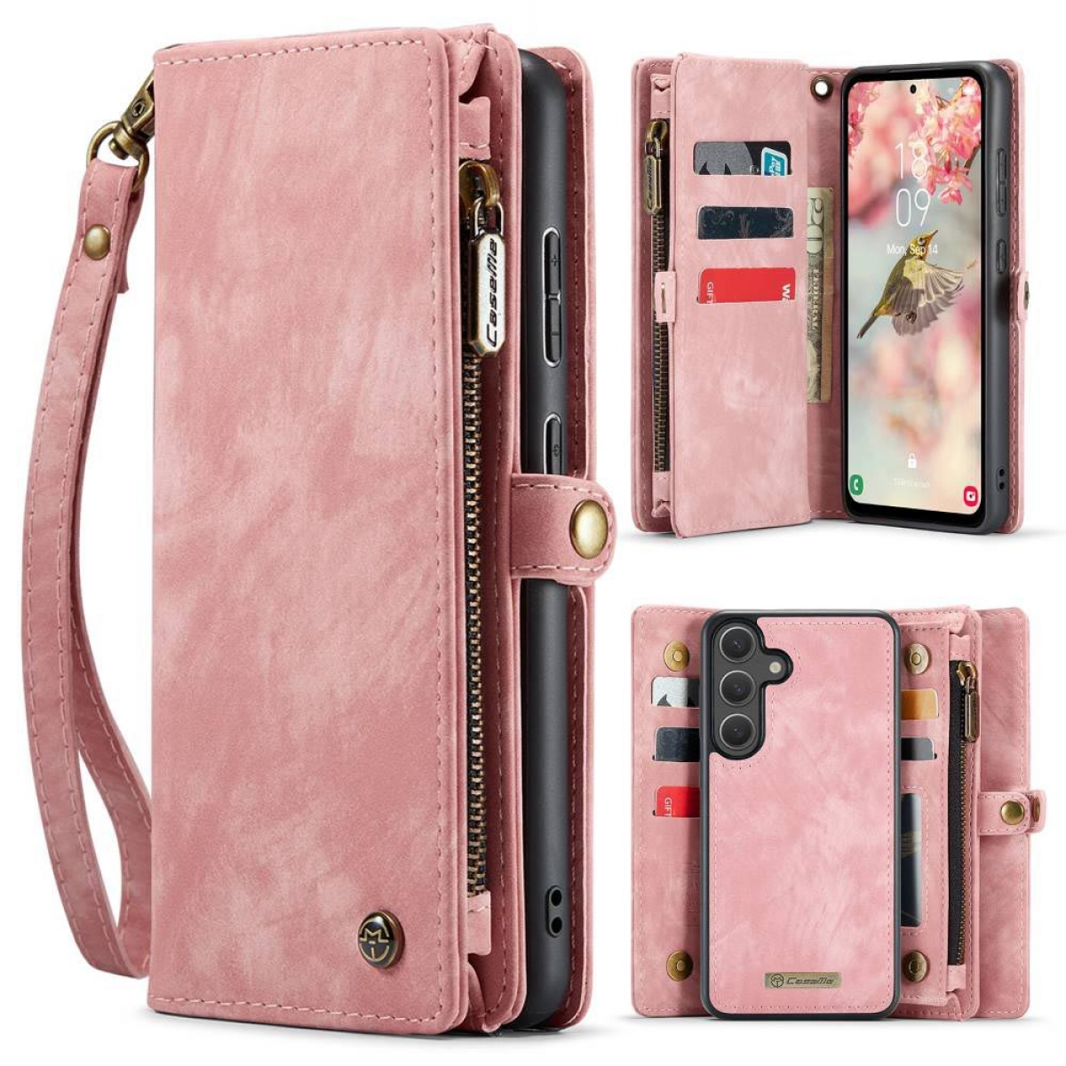 Eine pinkfarbene Brieftaschenhülle mit Telefon und Karten darin. Sie ist in drei Ansichten offen.