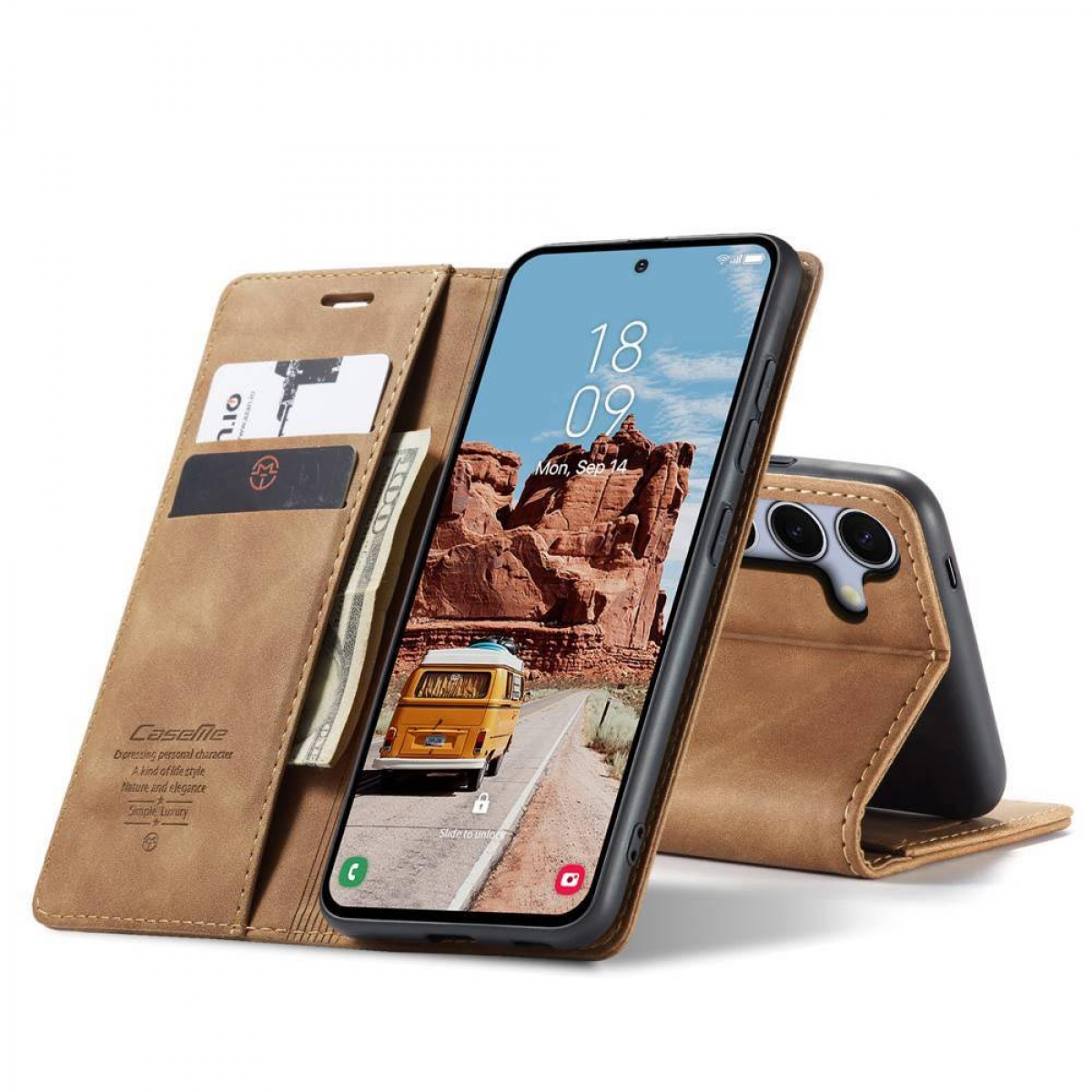 Braune Leder-Handyhülle mit Telefon, das eine Landschaft anzeigt, und einem Portemonnaie.
