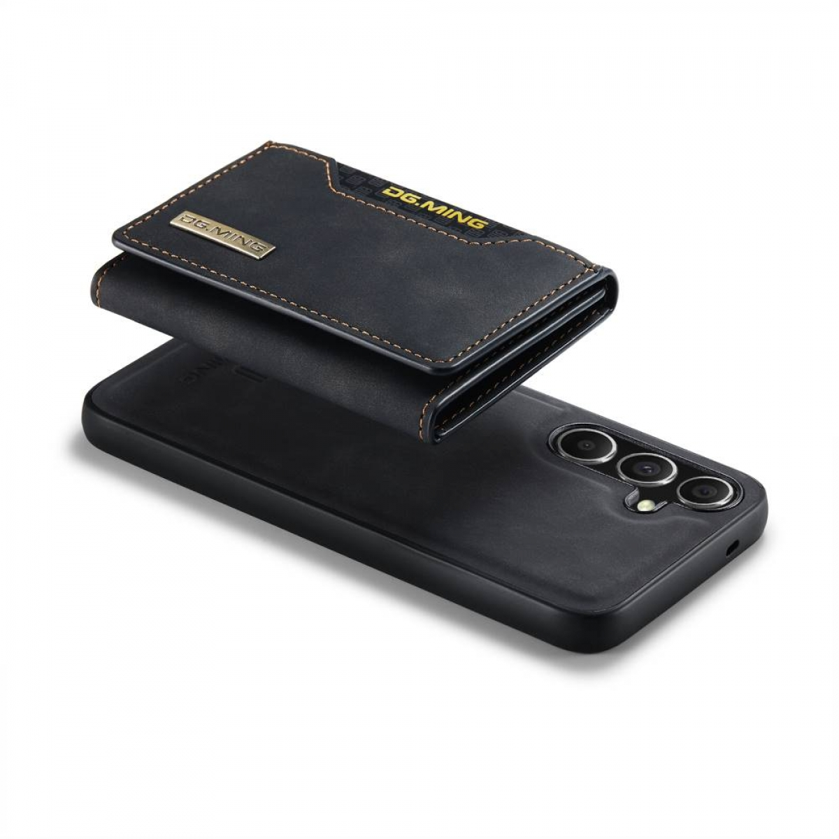 Eine schwarze Handyhülle mit Geldbörse, die auf einem schwarzen Telefon liegt.