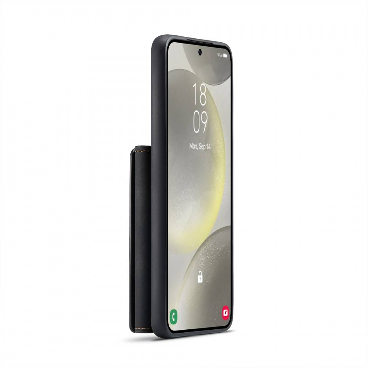 Smartphone mit schwarzer Lederhülle. Auf dem Telefon wird die Uhrzeit 18:09 Uhr, Montag, 14. September, angezeigt.
