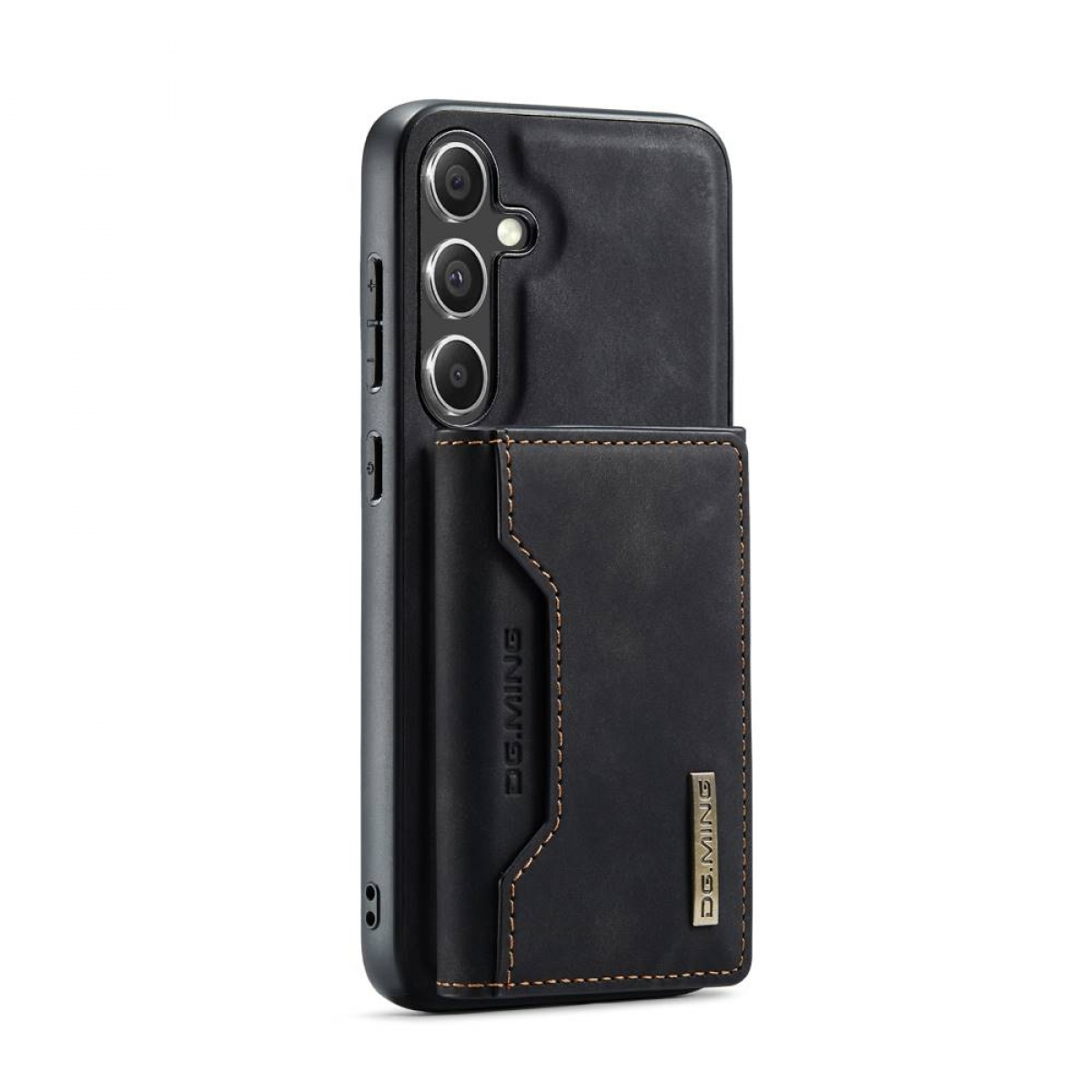 Schwarzes Telefon mit schwarzem Lederetui. Etui hat Kartenfach. Braune Nähte um das Etui.