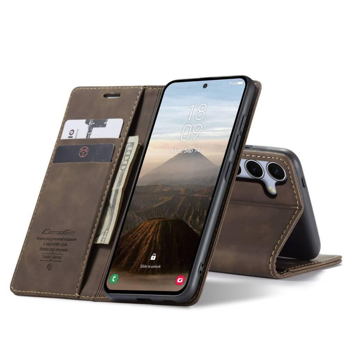 Braune Leder-Handyhülle, geöffnet. Zeigt das Telefon mit Karten und Geld im Inneren.