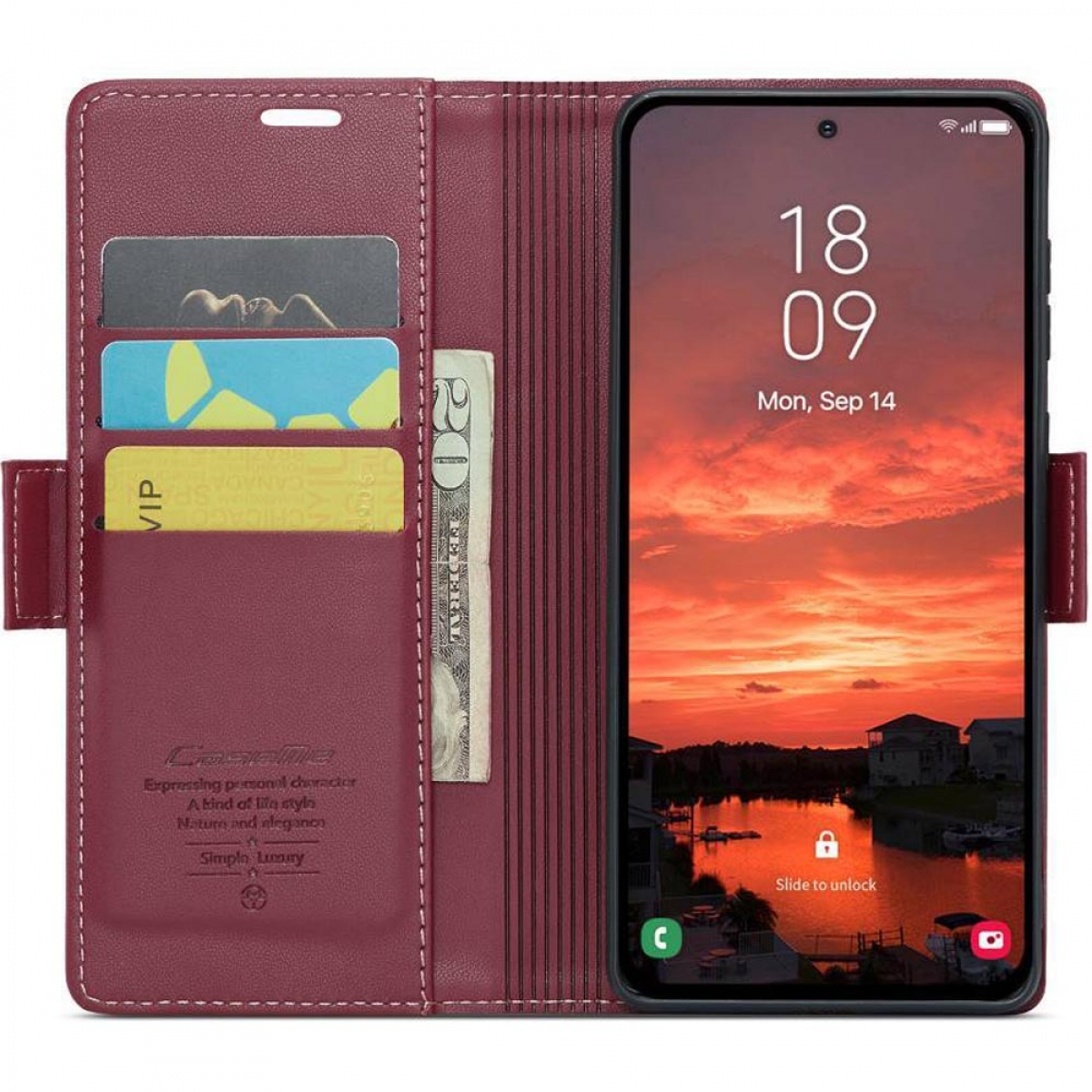 Telefon in einer weinroten Brieftasche. Karten und Bargeld sind sichtbar, zusammen mit einem Sonnenuntergangsbild auf dem Telefonbildschirm.