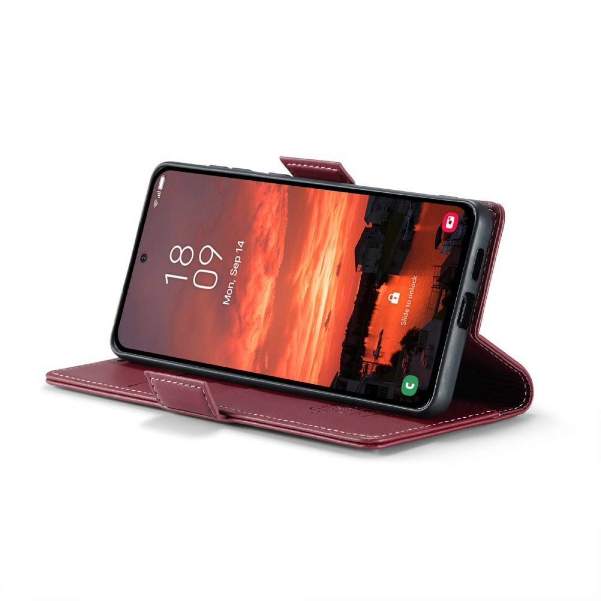 Ein Telefon in einer weinroten Lederhülle, das den Bildschirm und eine geschlossene Abdeckung zeigt.