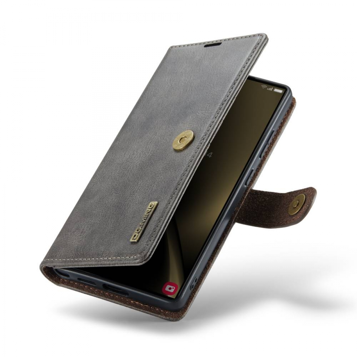 Graue Leder-Handyhülle geöffnet, zeigt Telefon. Hülle mit Knopfverschluss und Logo.