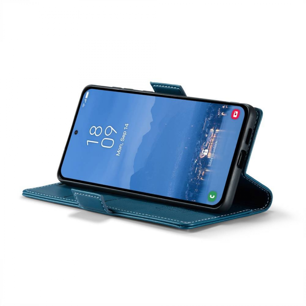 Ein Smartphone in einer blauen Hülle, geöffnet, um den Bildschirm mit Stadtansicht anzuzeigen.