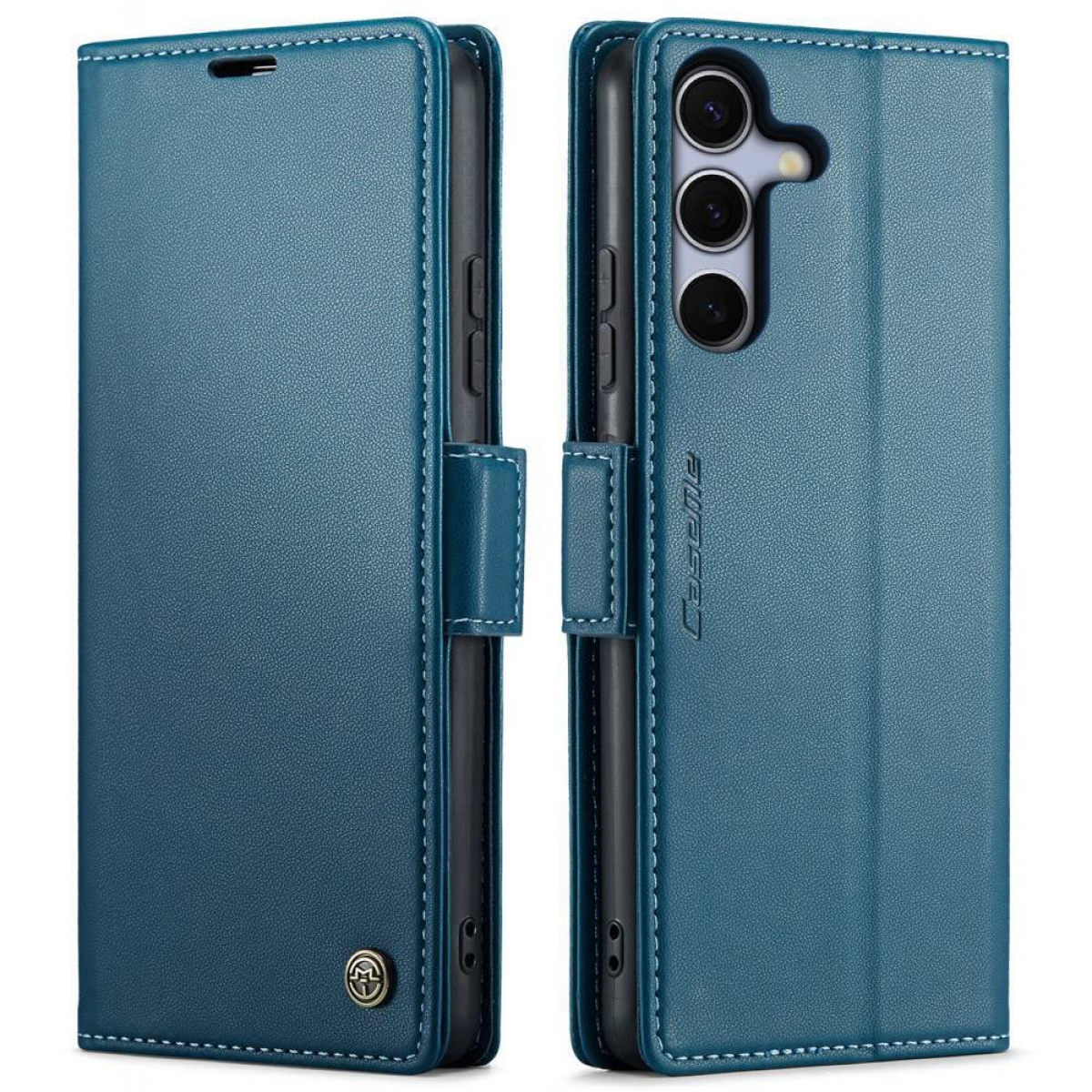 Blaue Handyhüllen-Geldbörse mit Telefon, geöffnet.