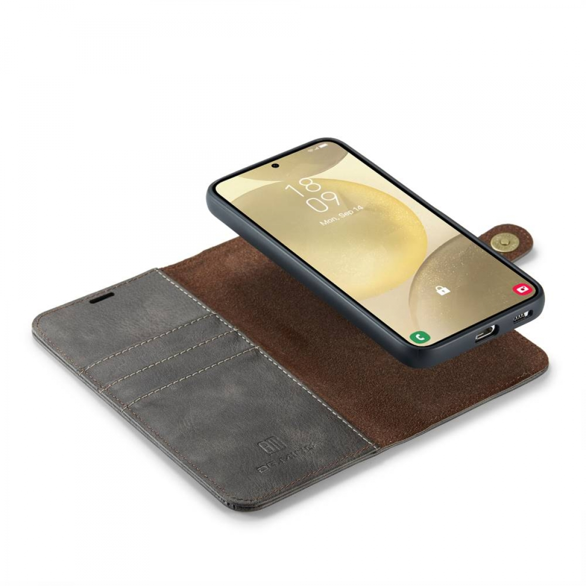 Ein Telefon und eine Brieftasche aus grauem und braunem Leder. Das Telefon liegt auf dem Etui.
