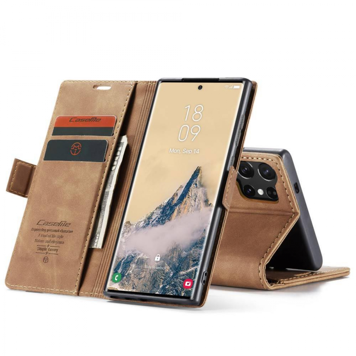 Braune Leder-Telefonbrieftasche mit Karten und einem Telefon, das ein Datum anzeigt.