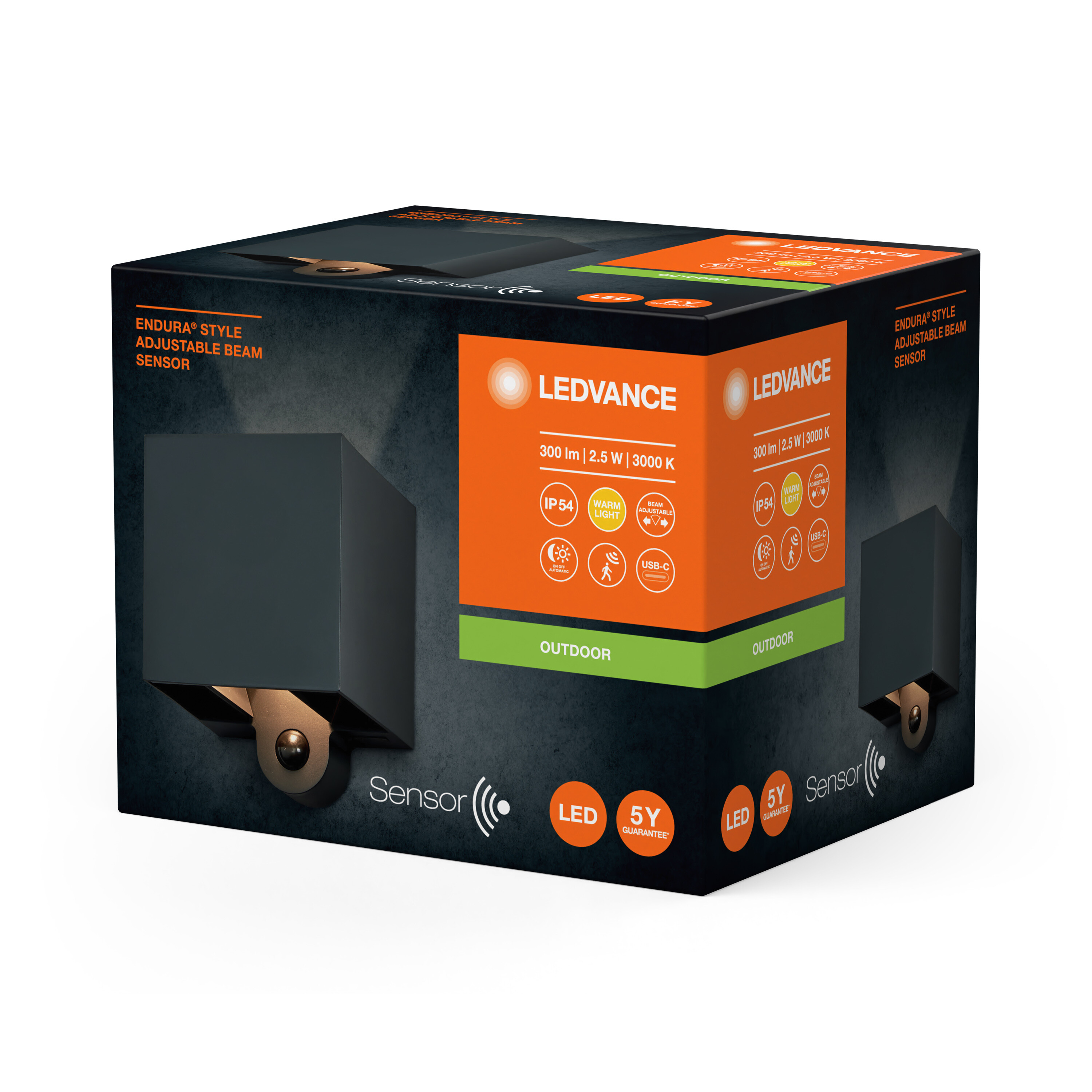 Schwarzes Außenlicht in einer Box, mit Text und Produktdetails. Marke LEDVANCE.