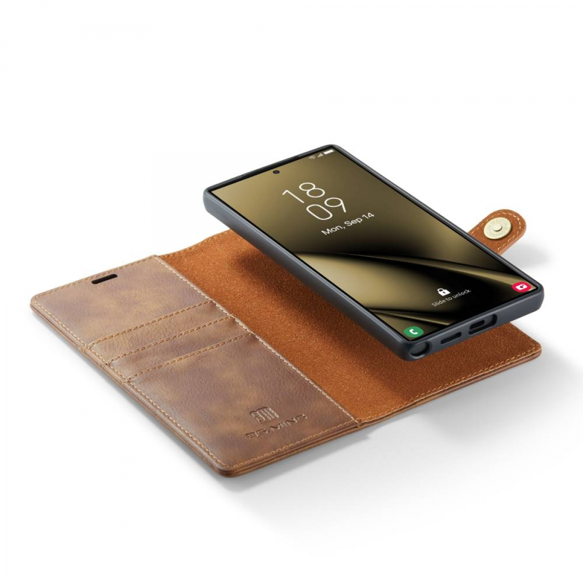 Braune Leder-Handyhülle. Telefon innen, mit Kartenfächern und Verschluss.
