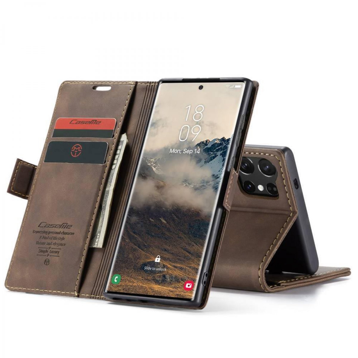 Braune Leder-Handyhülle mit Telefon, das einen Bildschirm anzeigt, und Karten im Portemonnaie.