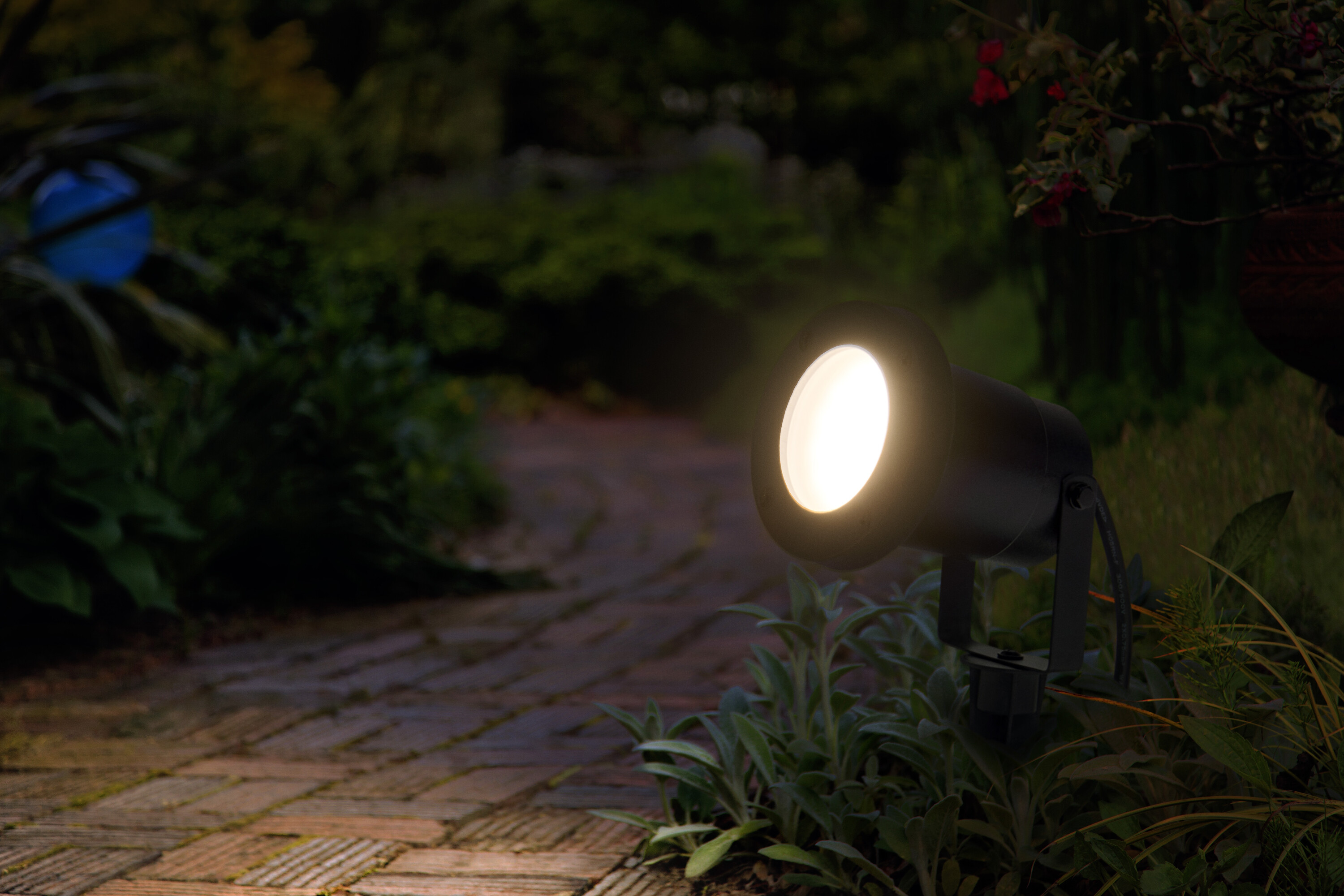 Ein schwarzer Scheinwerfer in einem Garten bei Nacht. Er beleuchtet einen Ziegelsteinweg.