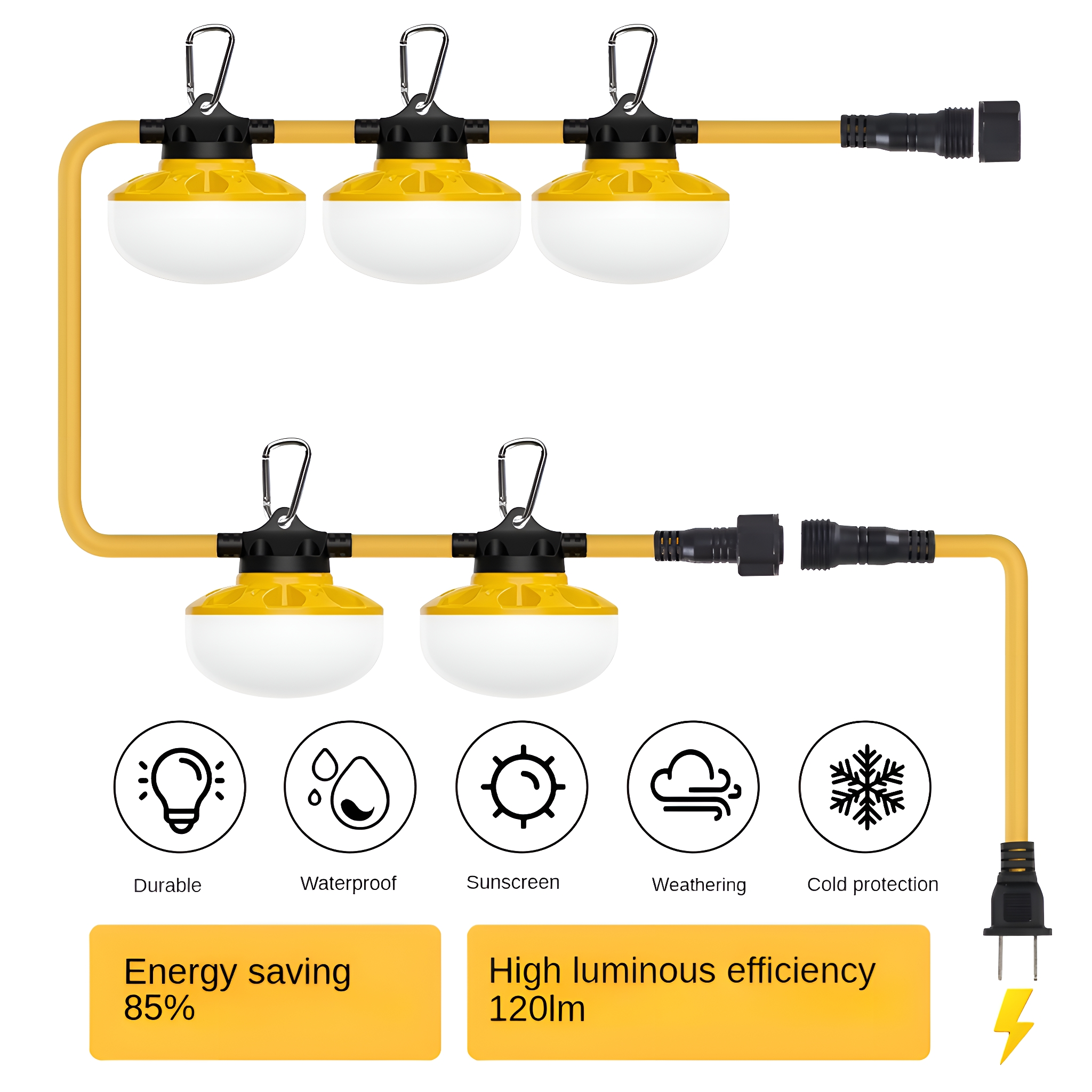 Ein gelbes Lichterketten-Set mit Glühbirnen und Symbolen, die Funktionen beschreiben. Energieeinsparung 85%.
