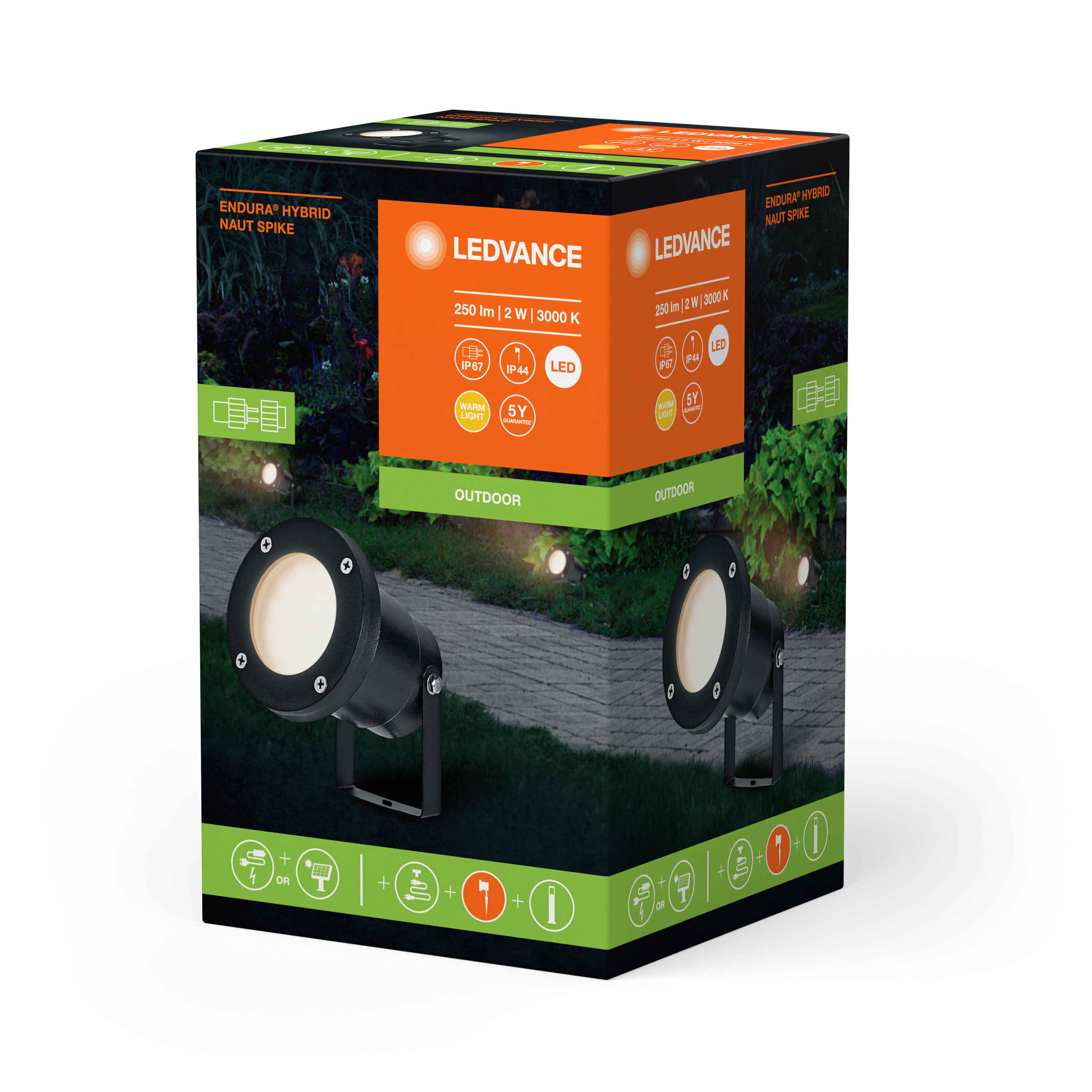 LEDVANCE Außenleuchtenbox. Die Box zeigt zwei Leuchten und eine Gartenszene.
