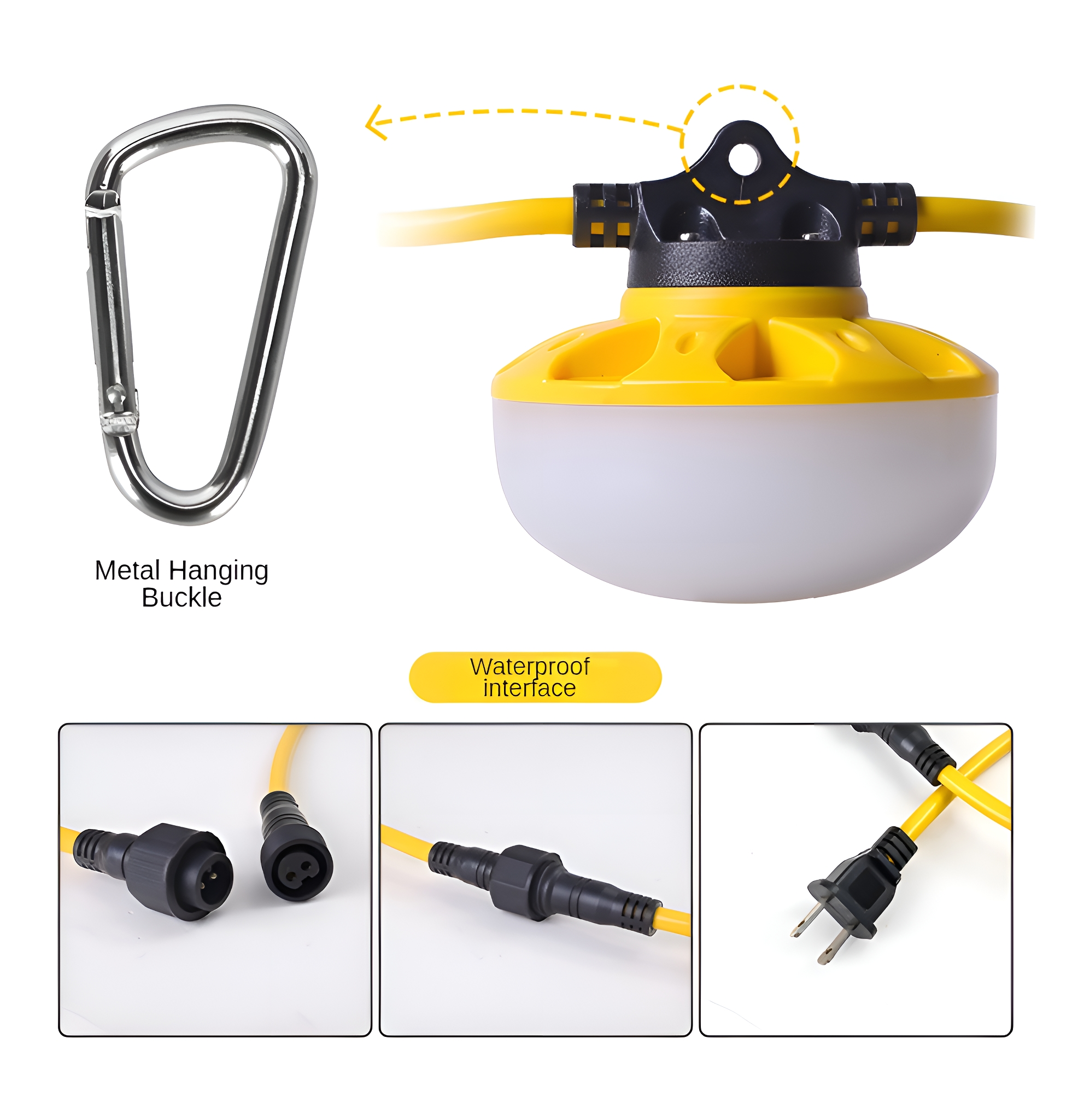 Gelbe Leuchte mit Karabiner und wasserdichten Schnittstellen. Gelbes Kabel.