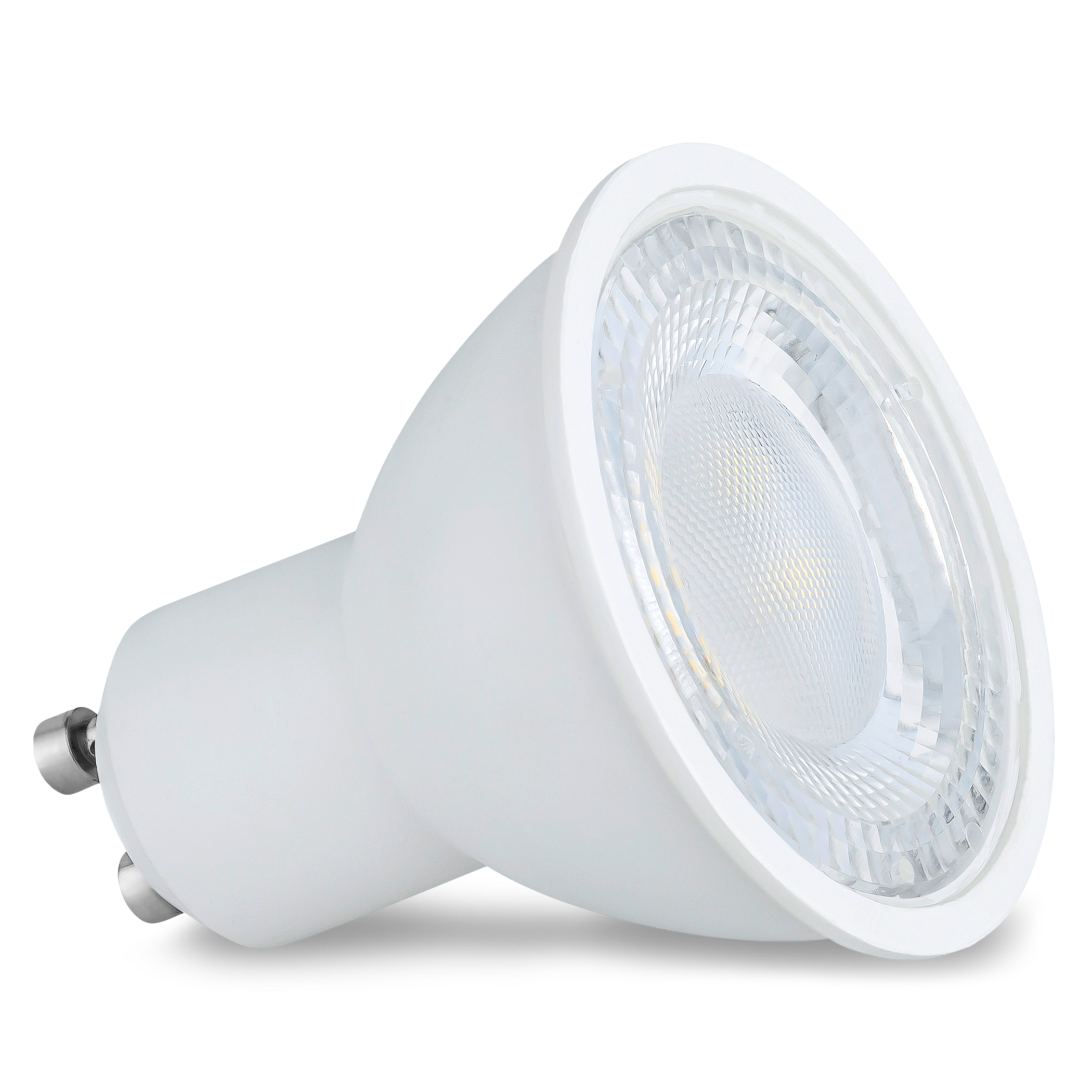 Weißer LED-Spot mit klarer Linse. Das Licht ist nach rechts geneigt.