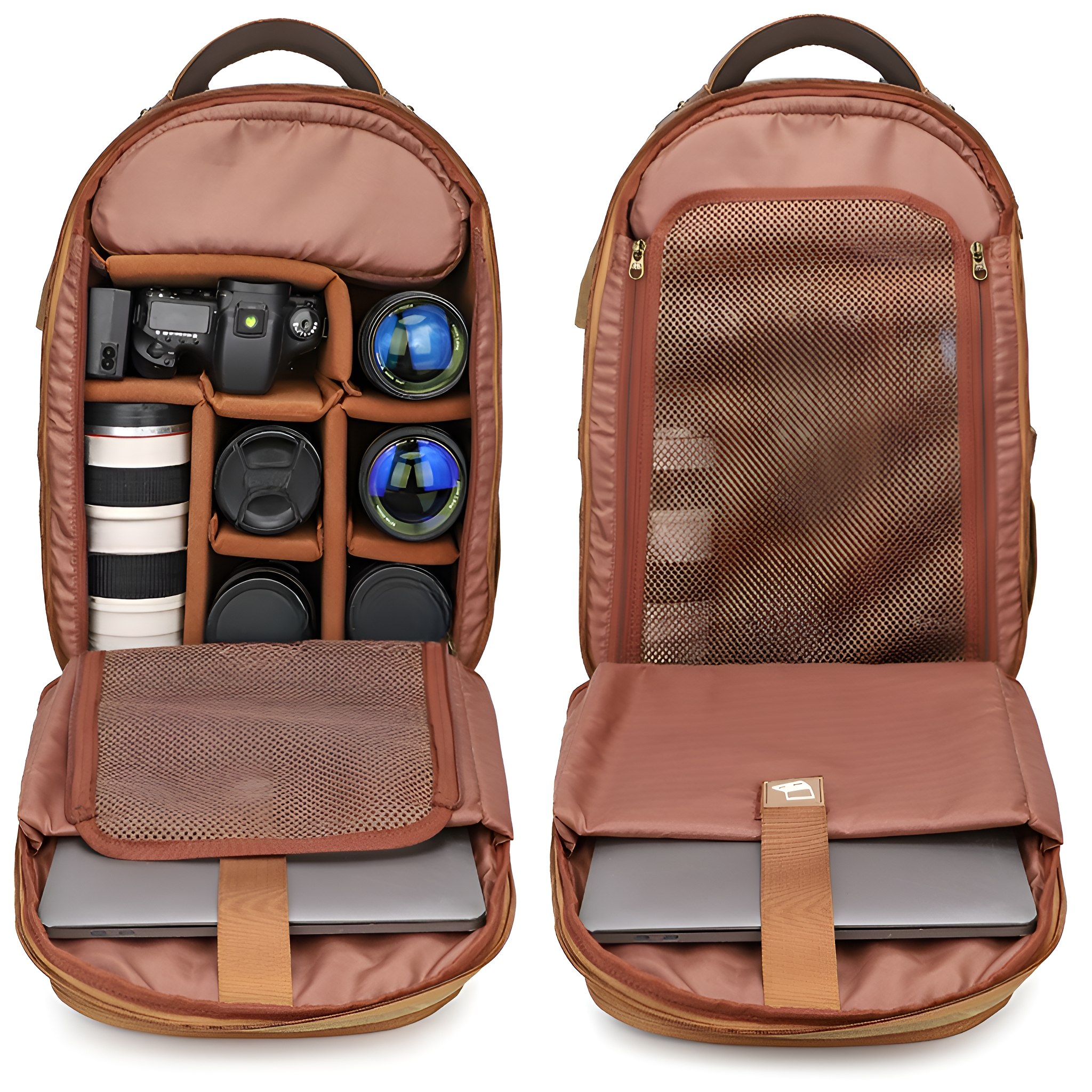 Brauner Kamera-Rucksack, geöffnet. Enthält Kamera, Objektive und Laptopfächer.