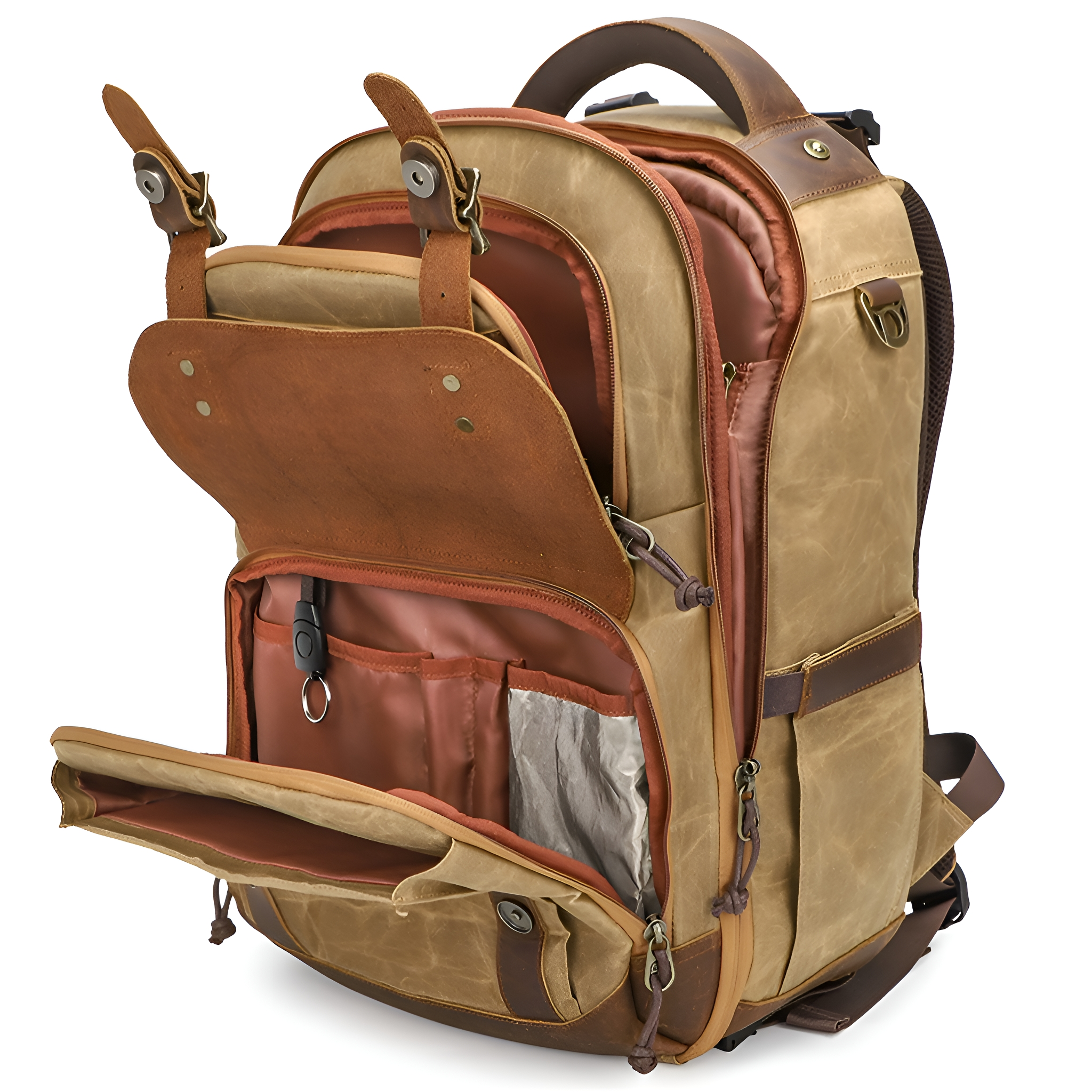 Beiger und brauner Rucksack, geöffnet, zeigt Fächer und Lederdetails.