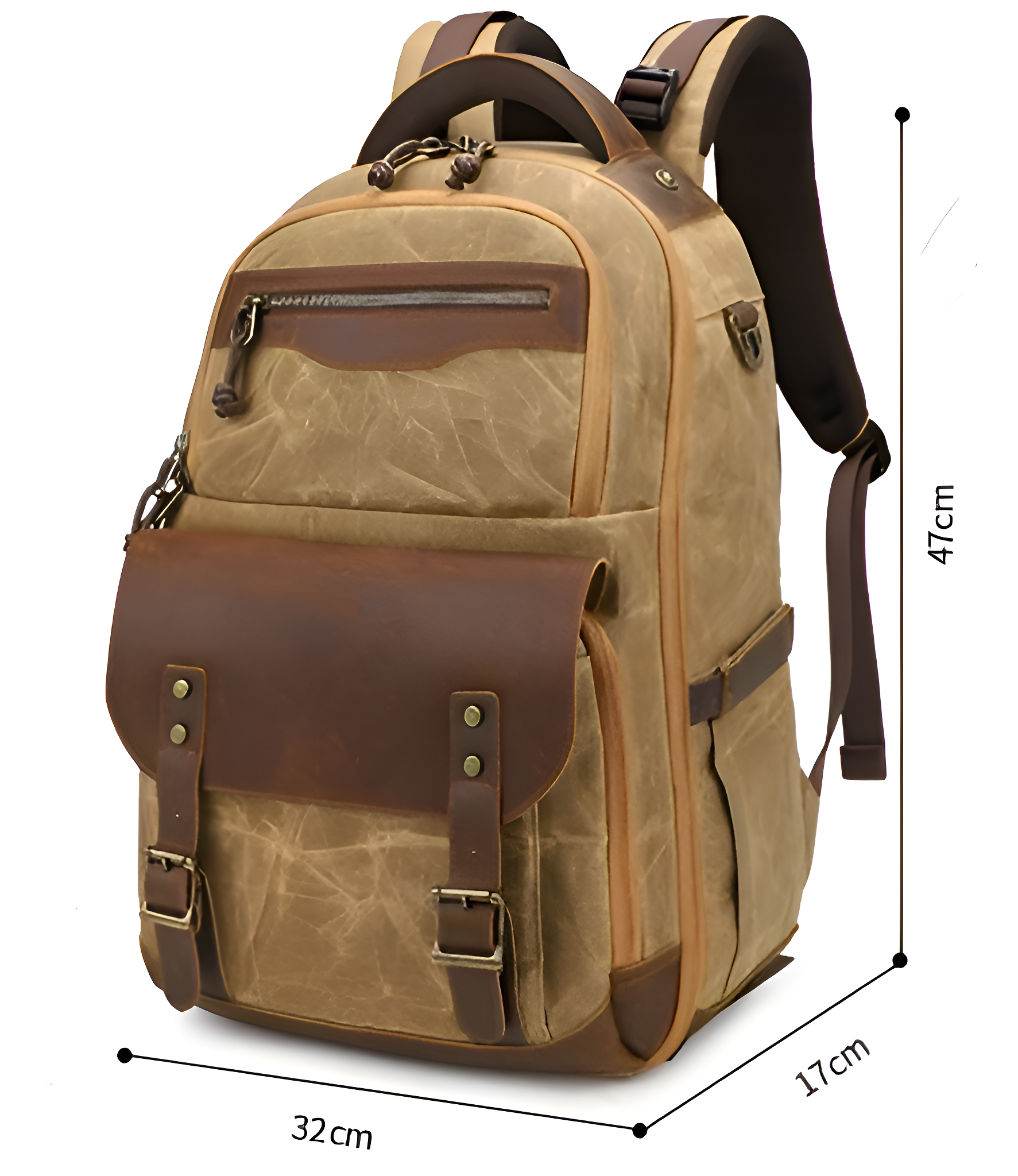 Beigefarbener Rucksack mit braunem Leder. Beige Rucksack mit Lederakzenten und Maßangaben.