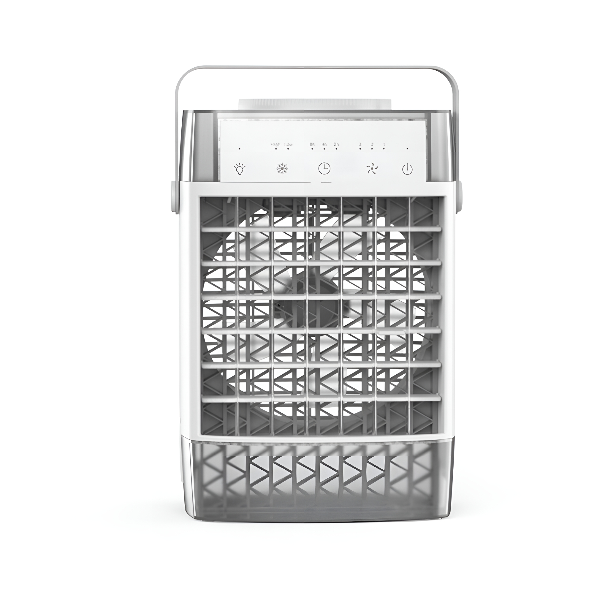 Ein weiß-grauer Luftkühler mit Griff. Oben ein Bedienfeld, vorne ein Ventilator.