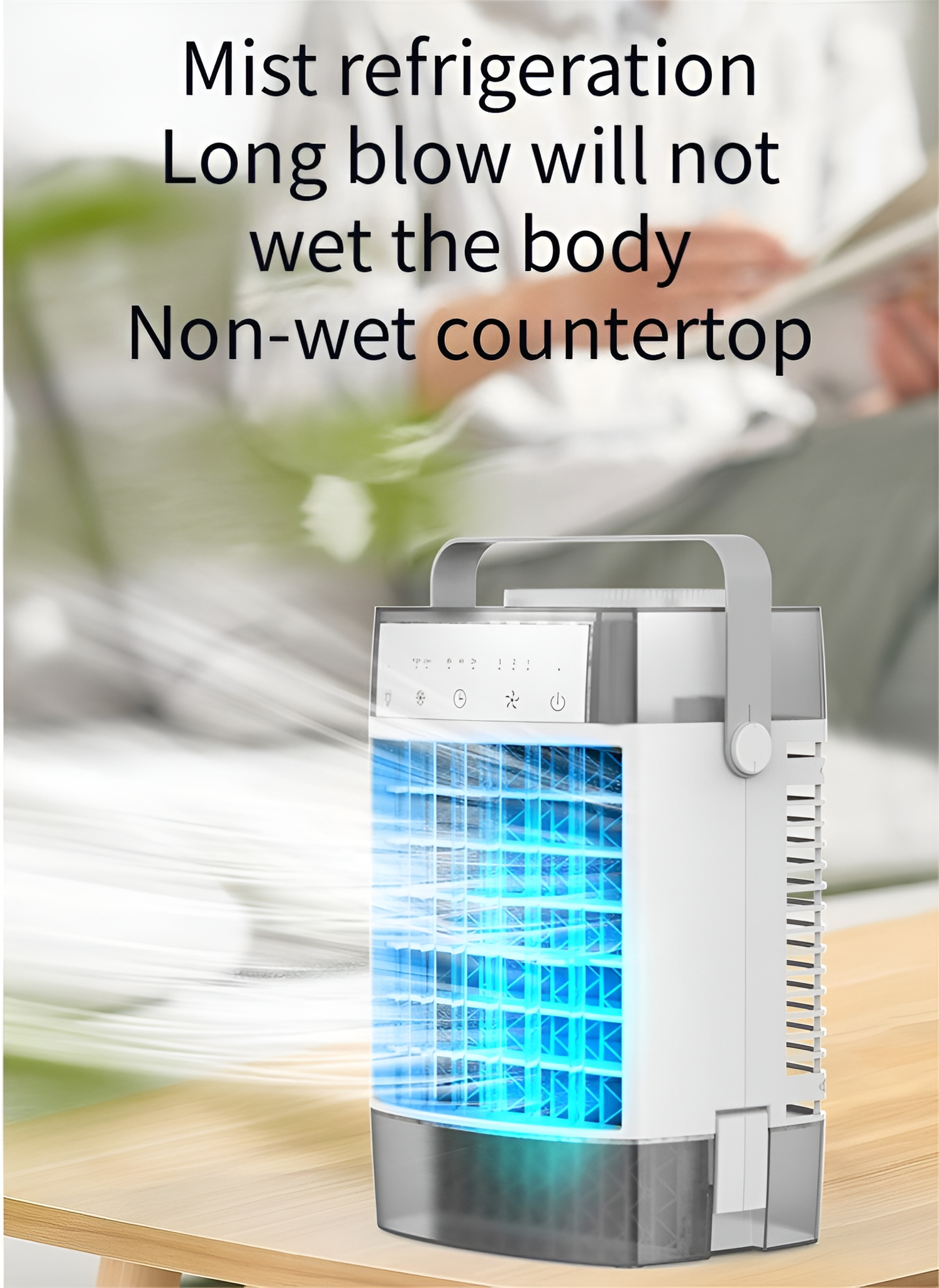 Ein weiß-grauer Luftkühler mit blau beleuchtetem Wasser. Text: Nebelkühlung, nicht nasse Arbeitsfläche.