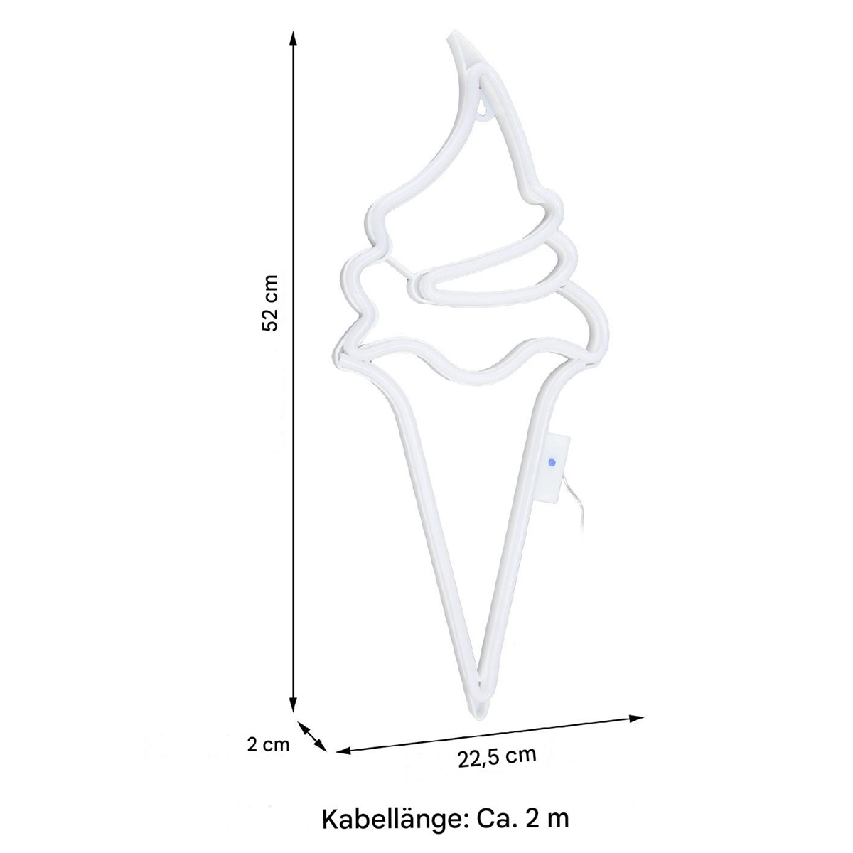 Weißer Neon-Eiswaffel-Umriss, Maße: 52 cm hoch, 22,5 cm breit.