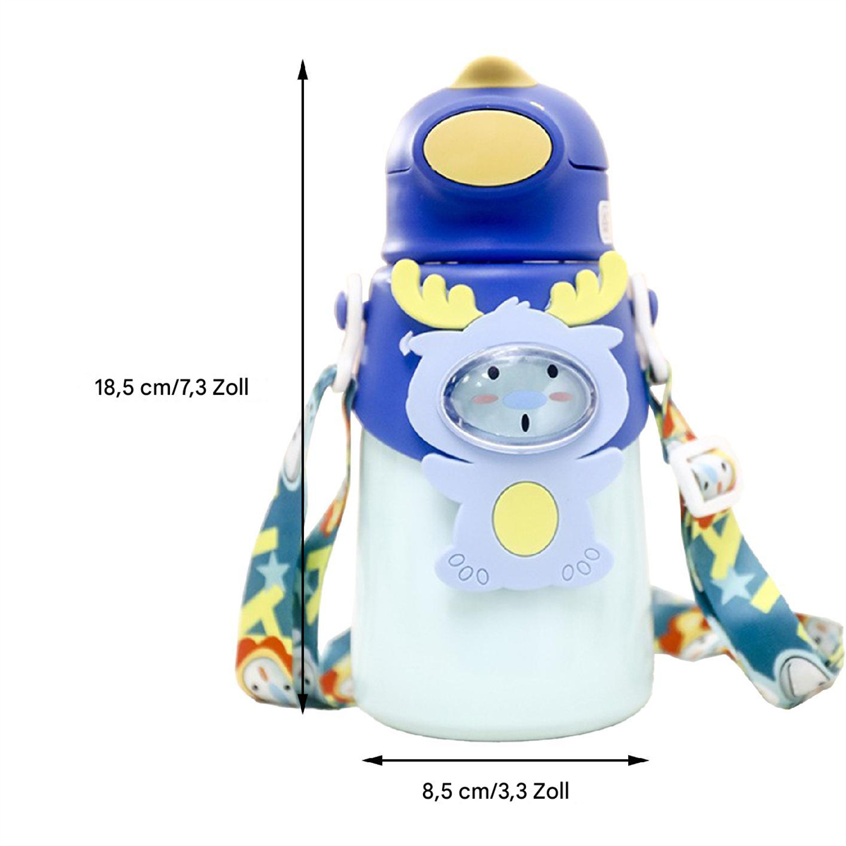 Eine blaue Wasserflasche mit Cartoon-Design, mit Trageriemen, mit Abmessungen dargestellt.