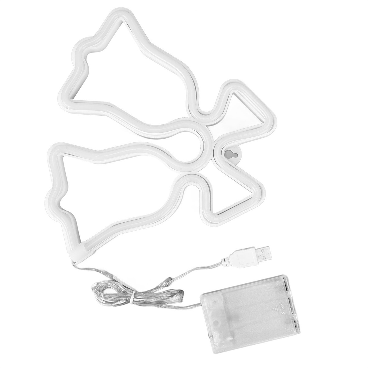 Weißer Neon-Engel-Umriss mit USB-Kabel und Batteriefach.