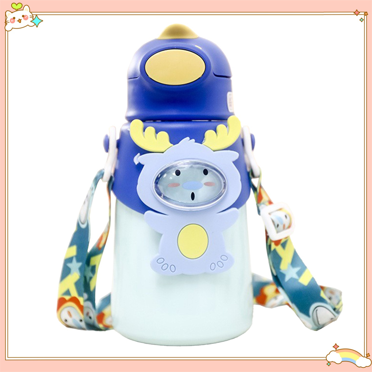 Blaue und weiße Cartoon-Wasserflasche mit Riemen. Enthält einen Cartoon-Elchcharakter.
