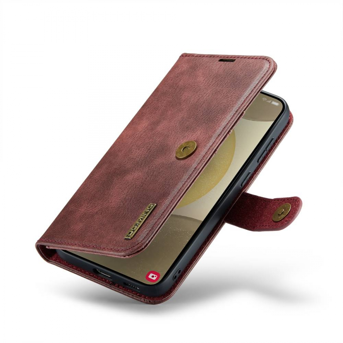 Rotbraune Handyhülle, offen, mit Handy, zeigt einen Knopf.