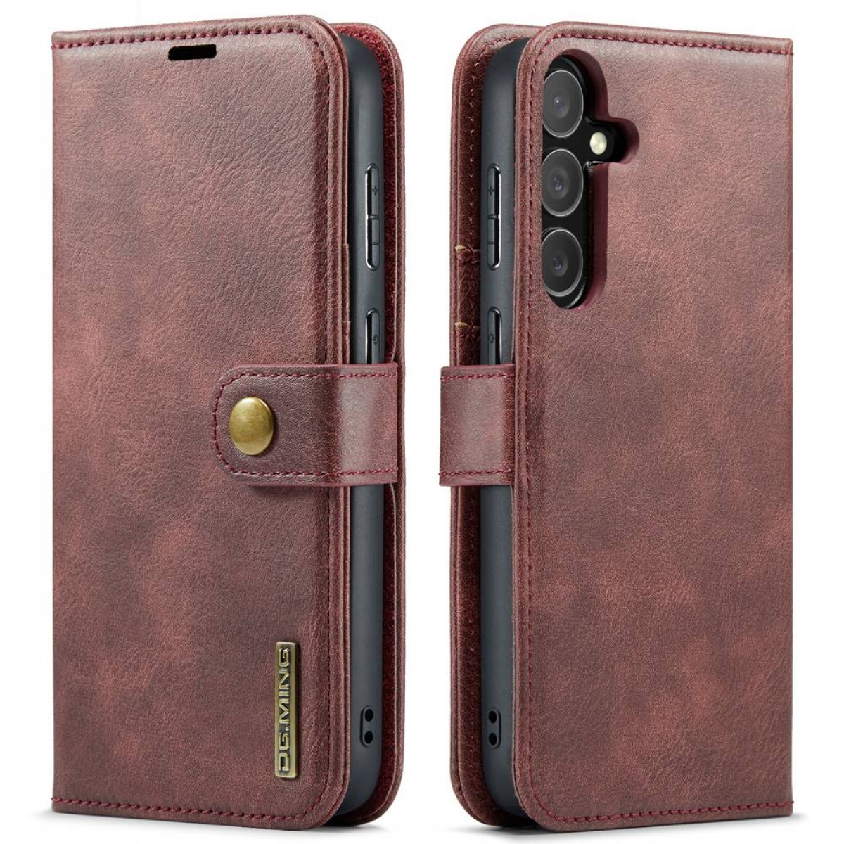 Eine weinrote Leder-Handyhülle, geöffnet, um das Telefon und einen Knopfverschluss zu zeigen.