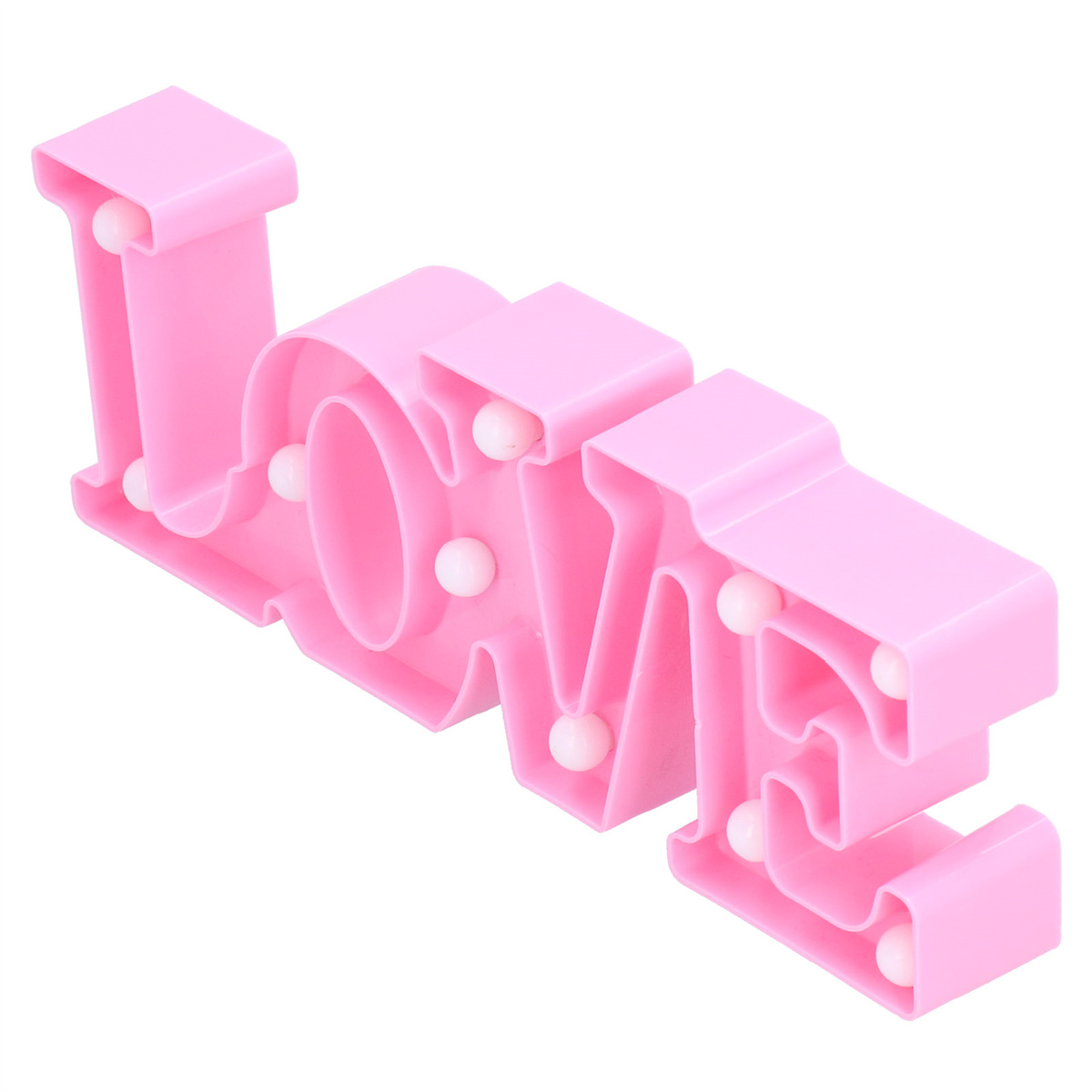 Rosa 'LOVE'-Schild mit Glühbirnen. Buchstaben leuchten. Weißer Hintergrund.