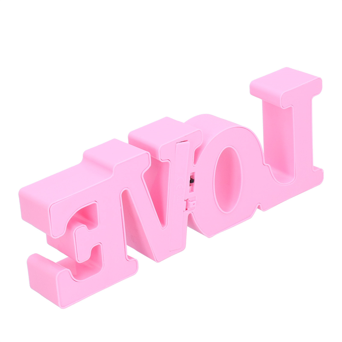 Rosa LOVE-Schild, mit Buchstaben angeordnet, beleuchtet, auf weißem Hintergrund.