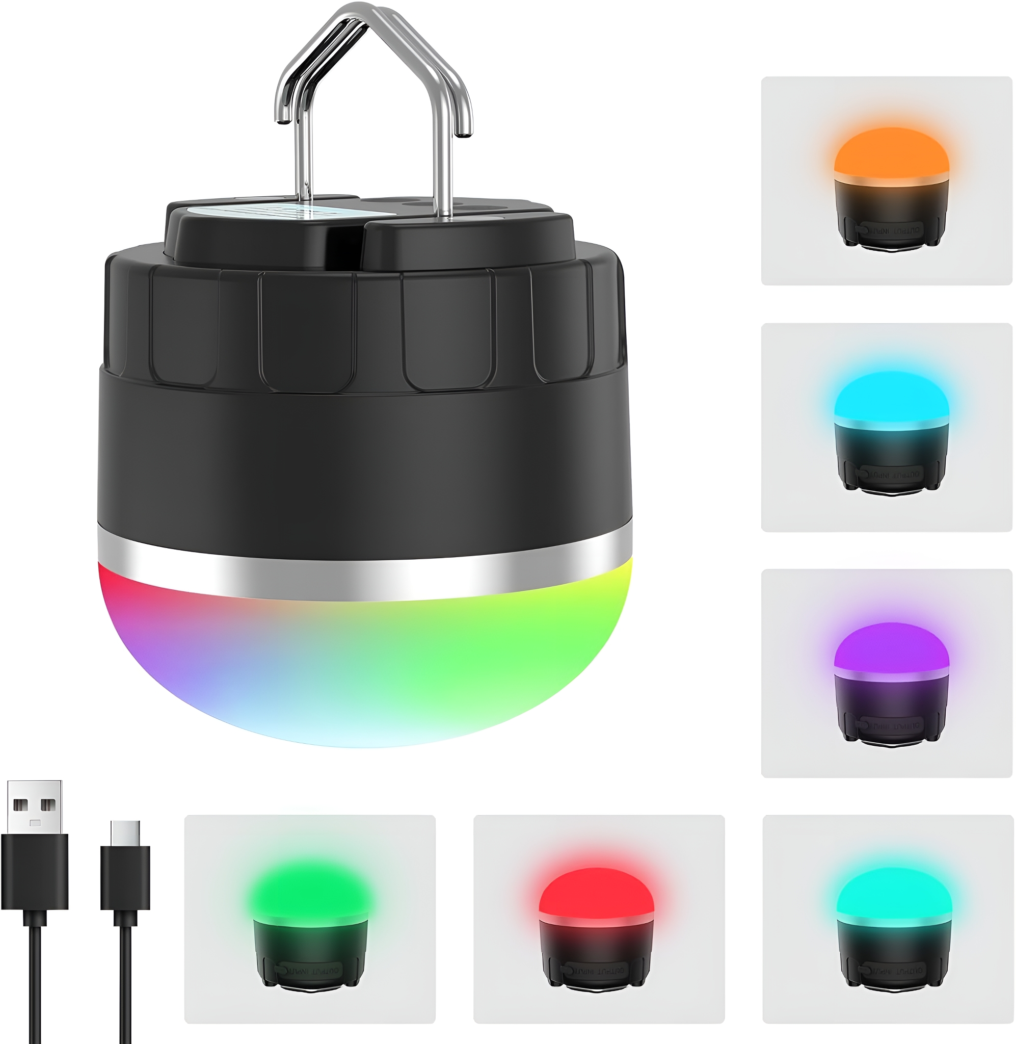 Schwarze Laterne mit farbigen Lichtern, mehrere Lichteinstellungen gezeigt.