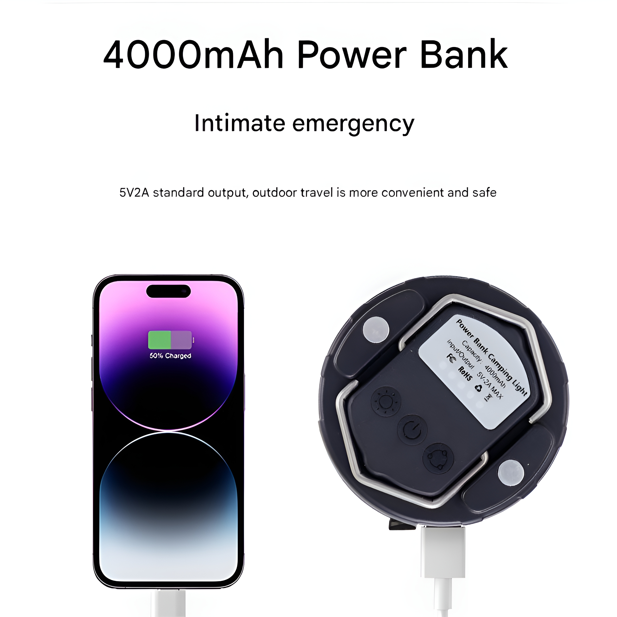 Ein Telefon lädt eine Powerbank auf. Das Telefon zeigt 50% geladen an. Text: '4000mAh Power Bank'.