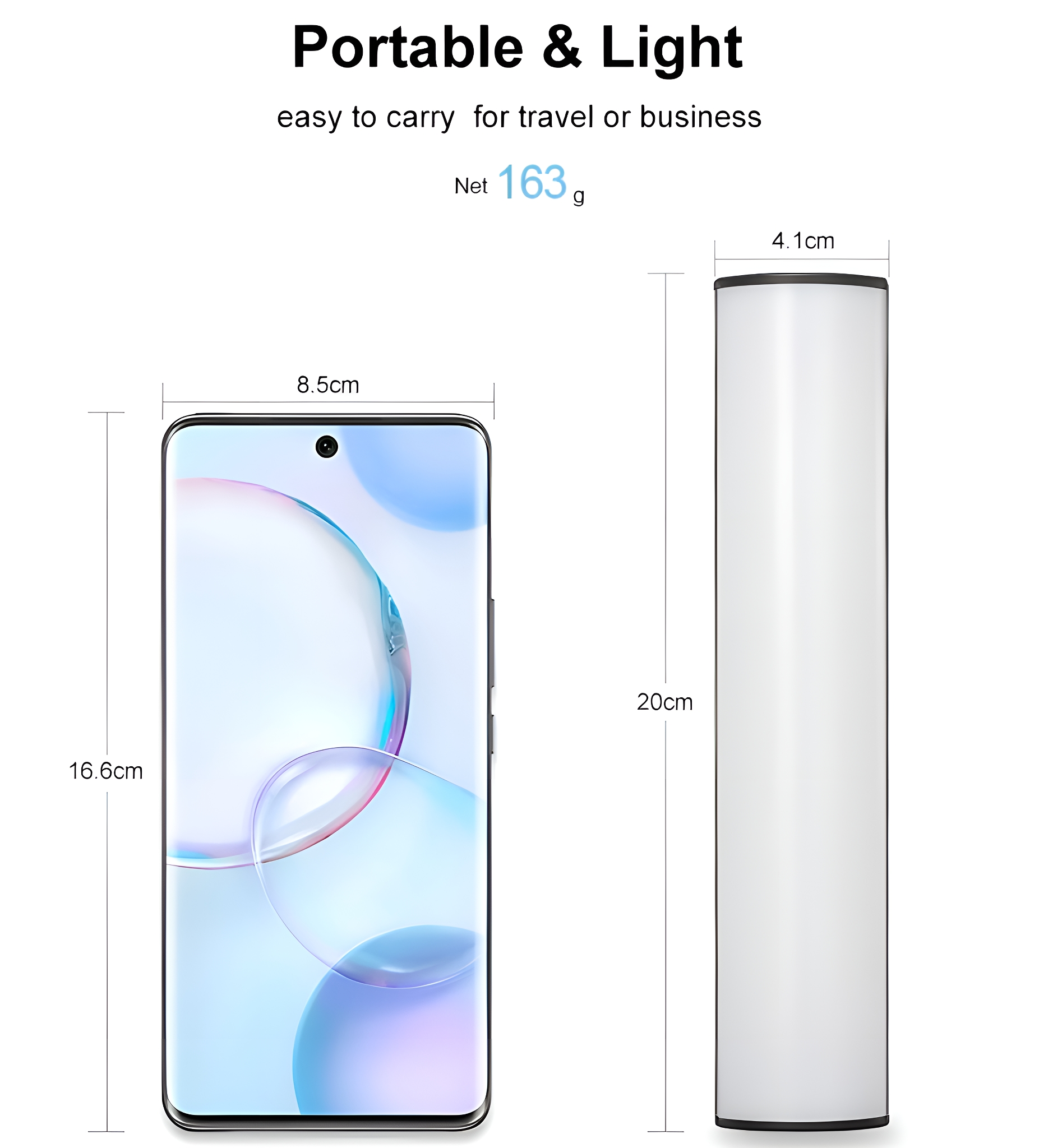 Ein Telefon neben einem Zylinder, Abmessungen und der Text 'Portable & Light' mit dem Gewicht.