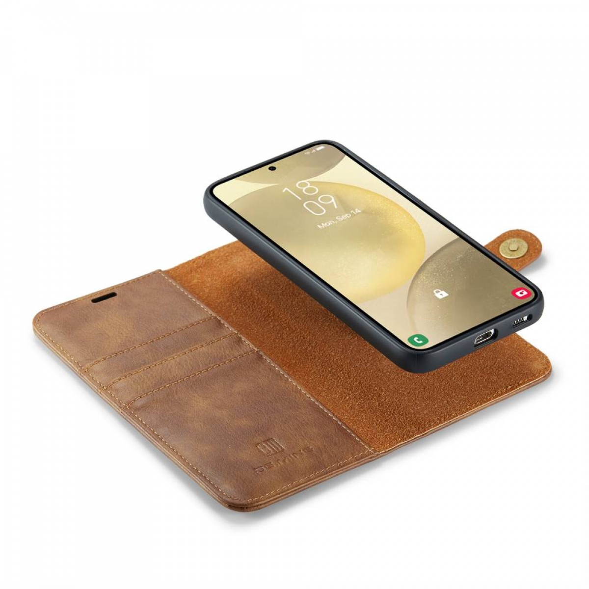 Ein Telefon in einer offenen braunen Lederhülle. Das Telefon zeigt ein Datum an. Die Hülle hat eine Brieftaschentasche.