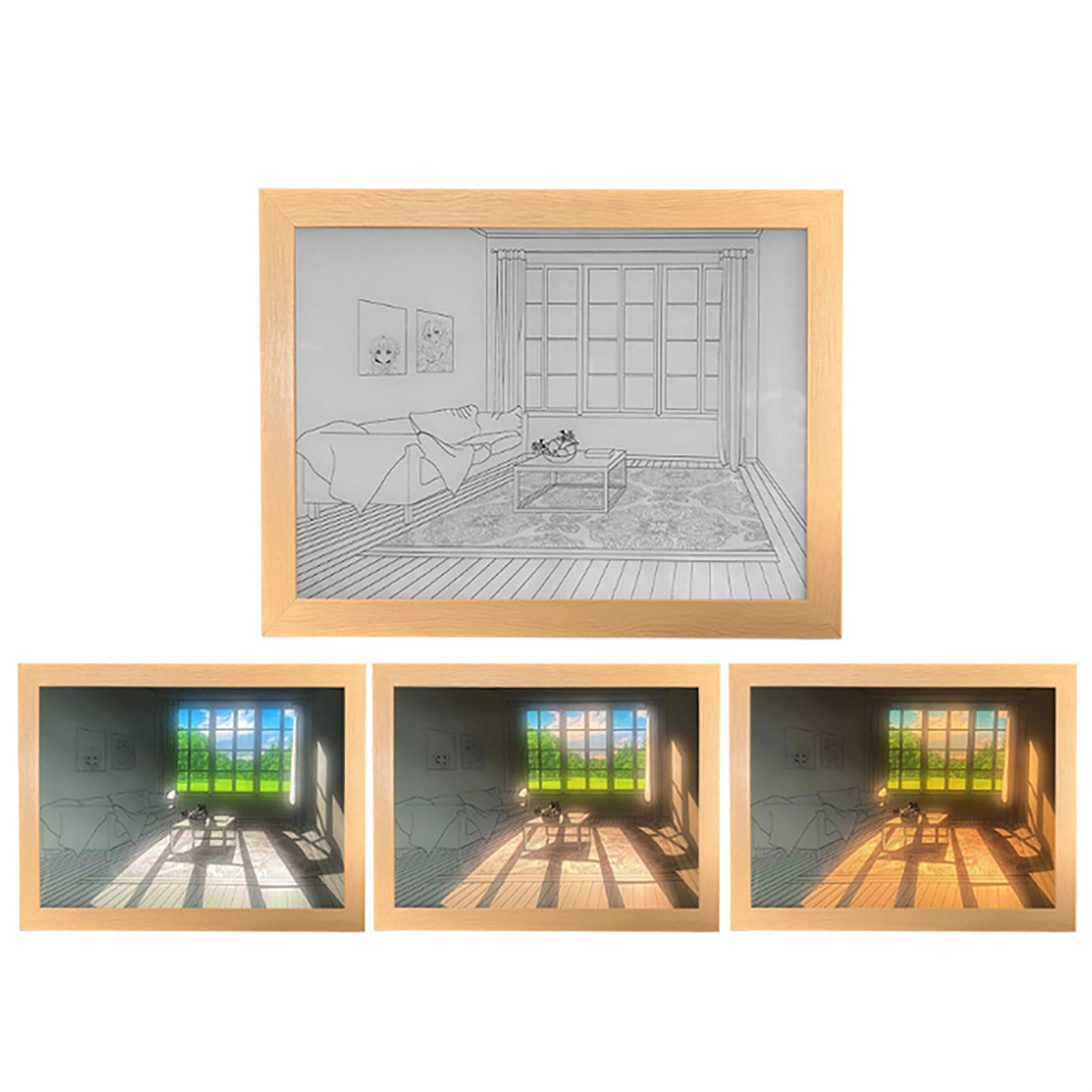 Holzgerahmte Kunst mit Skizze eines Zimmers und drei farbigen Ansichten.