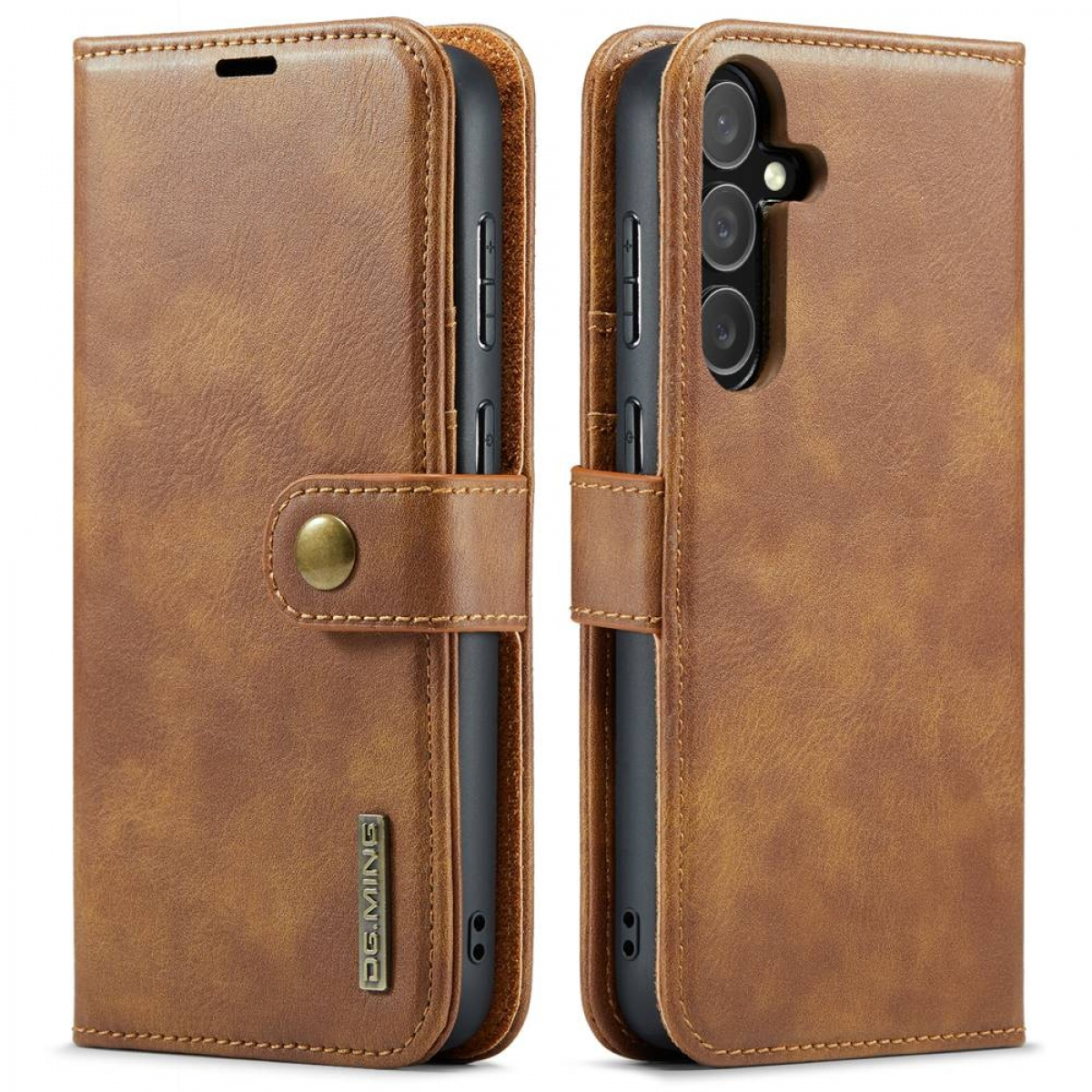 Eine braune Leder-Handyhülle, offen und geschlossen, die das Telefon und seine Funktionen zeigt.