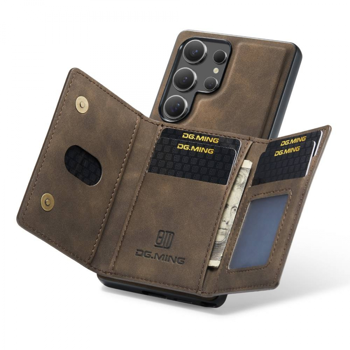 Eine braune Handyhülle mit Kartenfächern und ein Telefon befestigt.