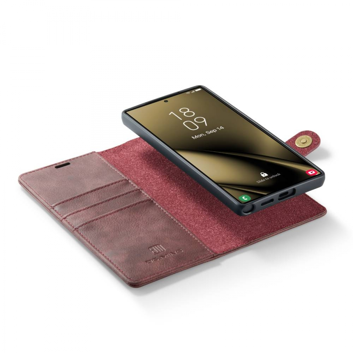 Smartphone in einer weinroten Lederhülle, geöffnet, um das Telefon und Kartenfächer zu zeigen.
