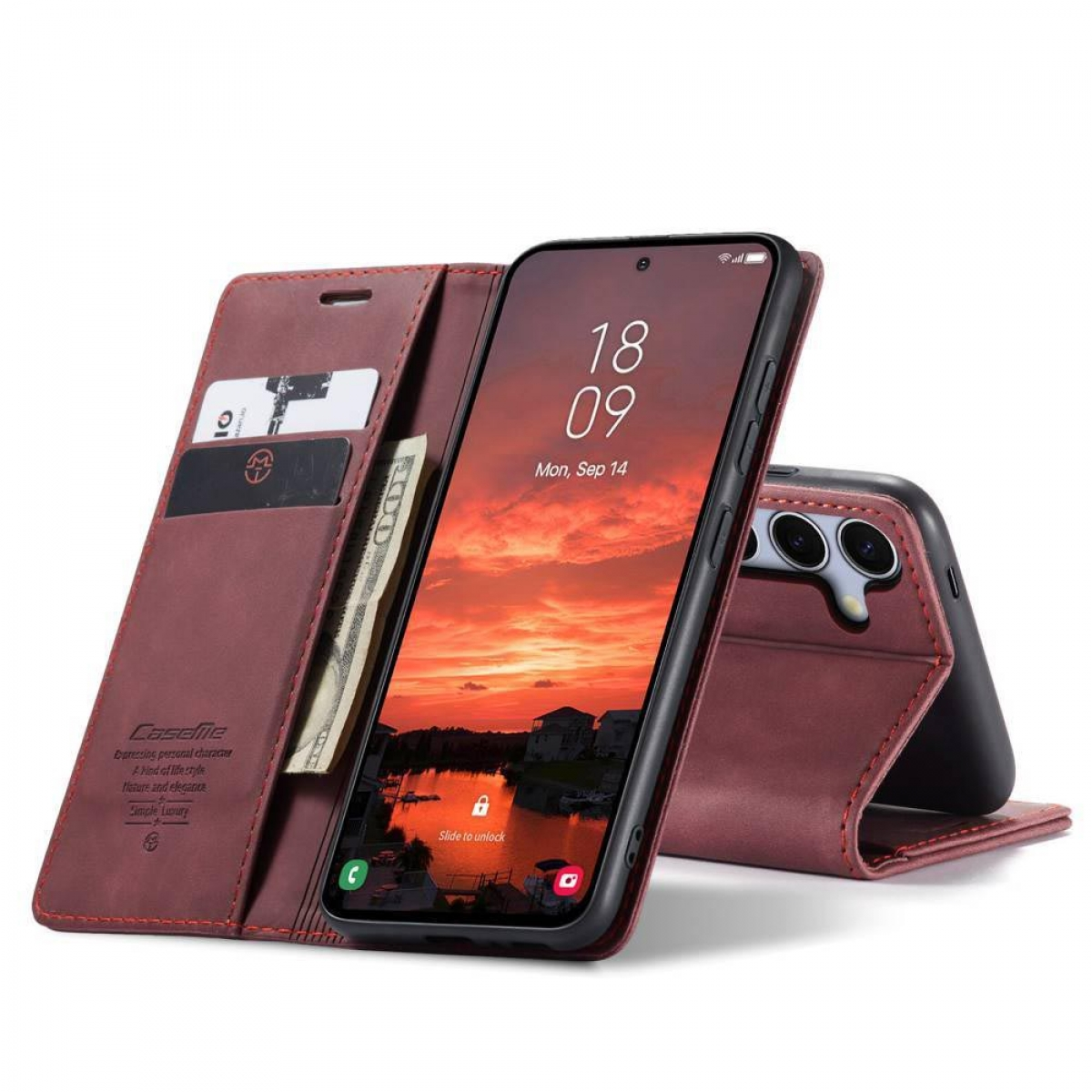 Ein Telefon in einer braunen Lederhülle, das eine Sonnenuntergangsansicht zeigt.