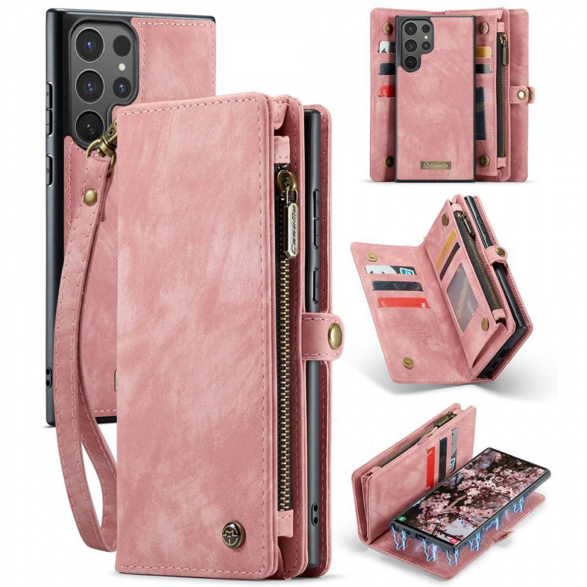 Rosa Leder-Handy-Geldbörsen-Etui mit mehreren Fächern und einem Riemen.